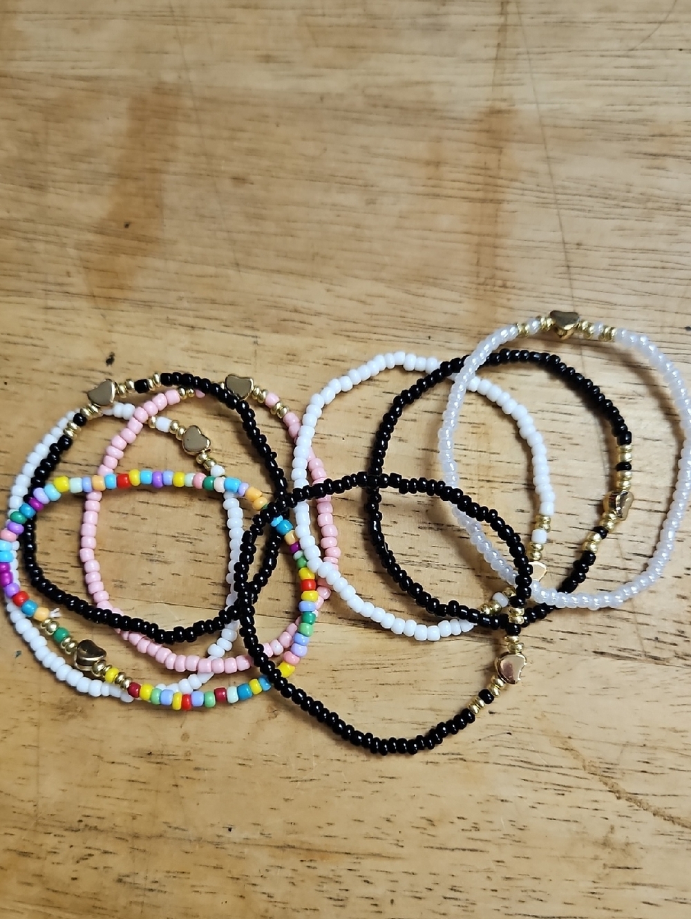 8 Bohemian Bracelets- Women-Handcrafted Seed Bead Stretch-Gold Heart Accent- NEW